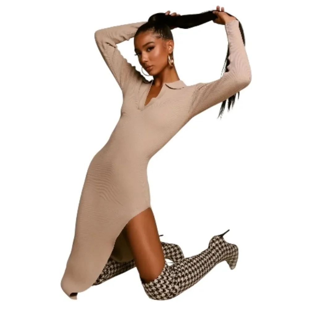 Fashion Nova Taupe Long Sleeve Sweater Midi Dress, Medium